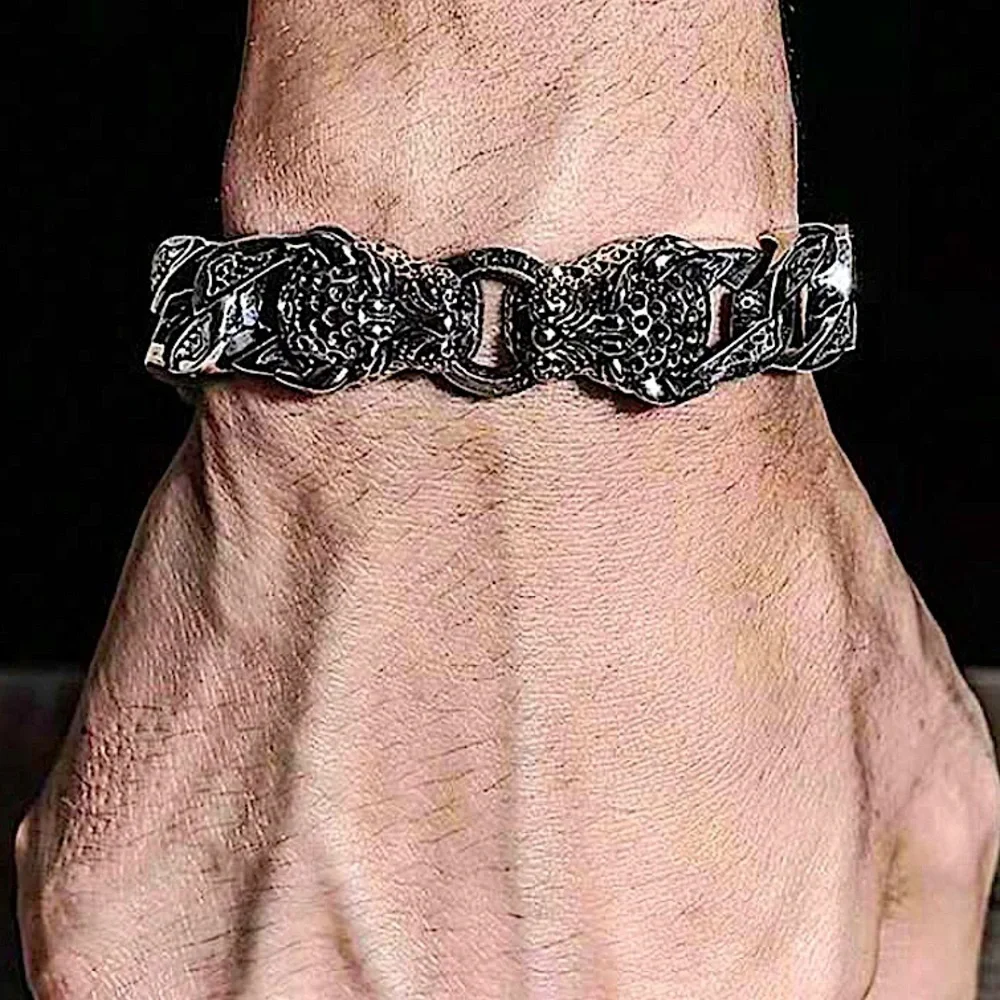 Stainless Steel Leopard Viking Bracelet, Double Headed, Norse, Horsetail, Chain
